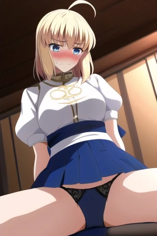 Spread legs, Indoor, Anime style, Fate Saber, Embarrassed, Pants, Masterpiece